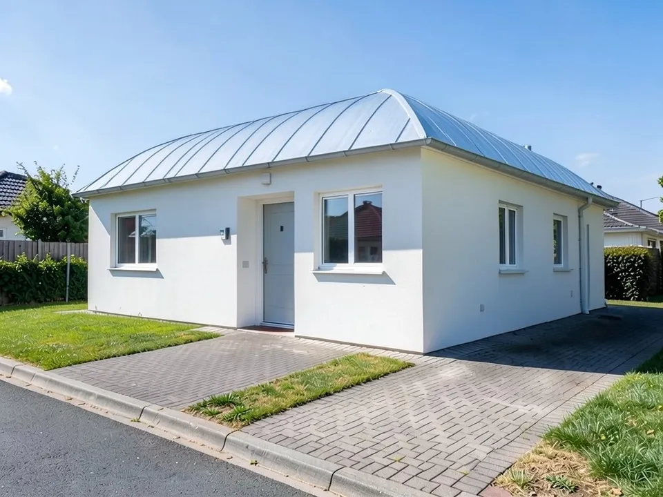 The same house with a gently curved standing-seam zinc roof arching over it, with the same white walls, windows, door, driveway and lawn