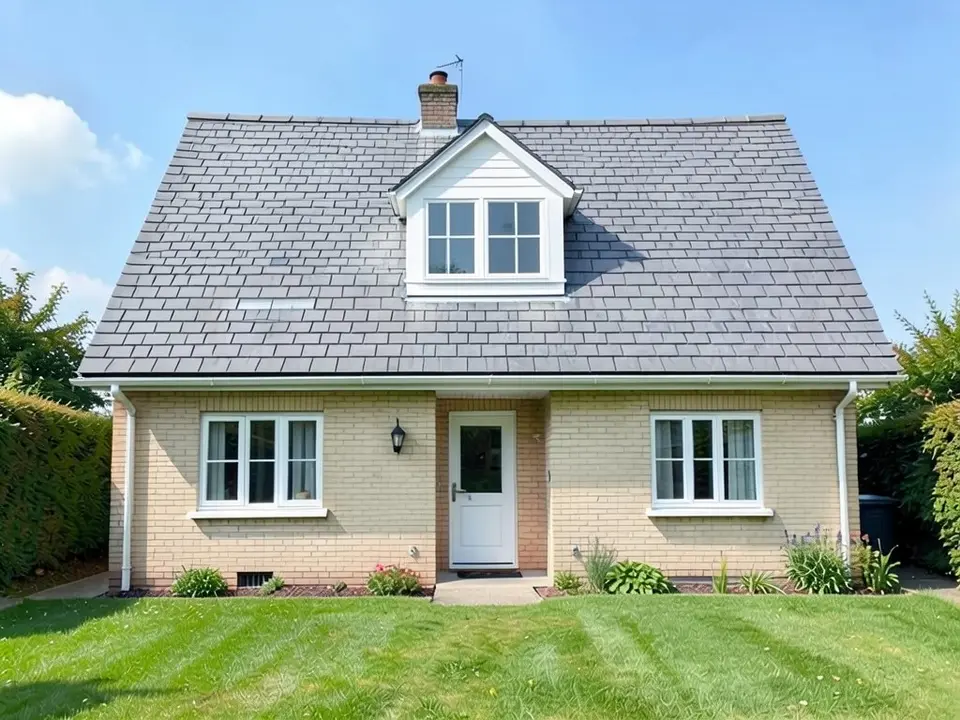 The same house with a gable dormer with a white-framed window set in the upper middle of the grey roof, near the ridge, with the same walls, windows, white front door and lawn
