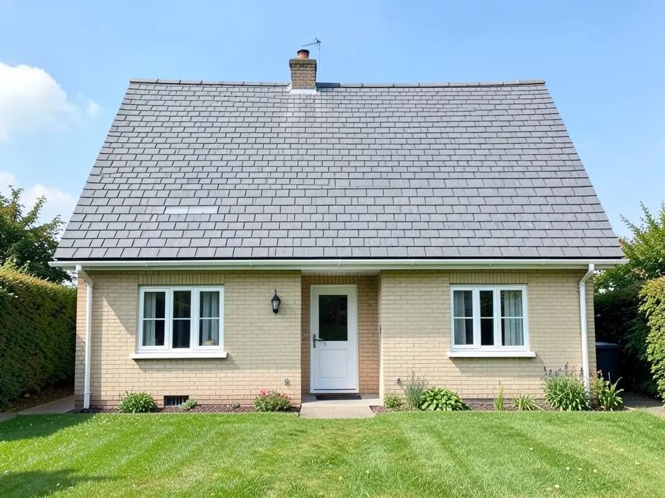 Front of a single-storey cream-brick house with a plain steep grey tile roof with no dormers, white-framed windows either side of a white front door, and a green lawn