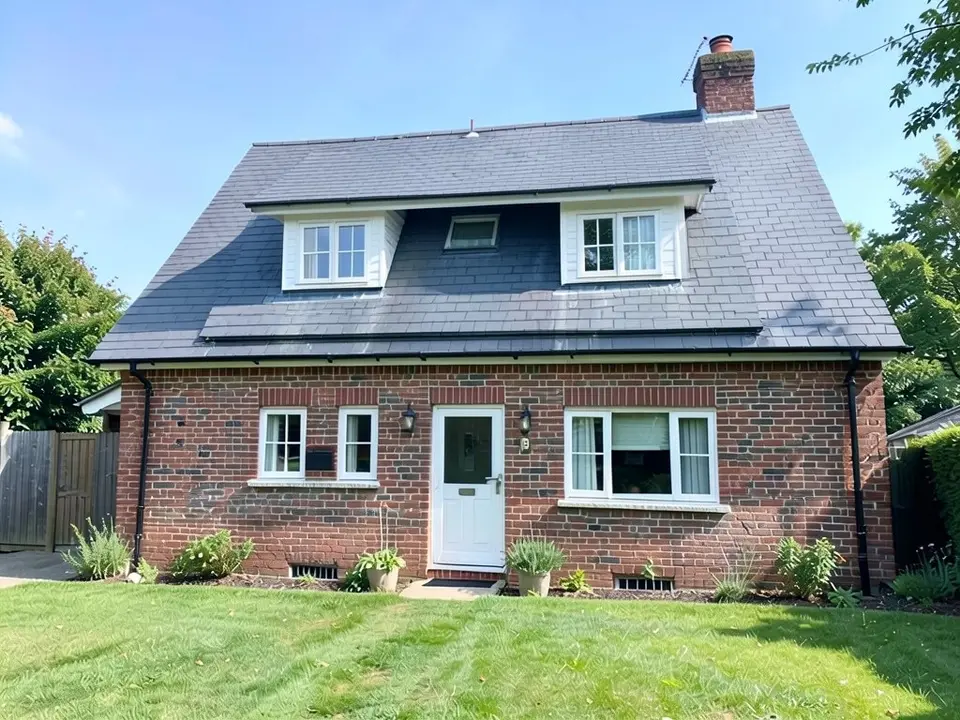 The same brick cottage with one wide flat-topped shed dormer across the grey roof holding two white-framed windows, a small rooflight above it and the same white front door and lawn