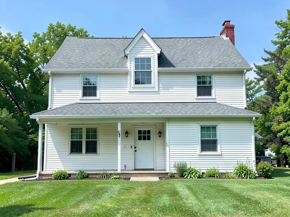 The same white-sided house with a small gable dormer with a white-framed window set into the front roof above the upstairs centre, the porch, front door and lawn unchanged