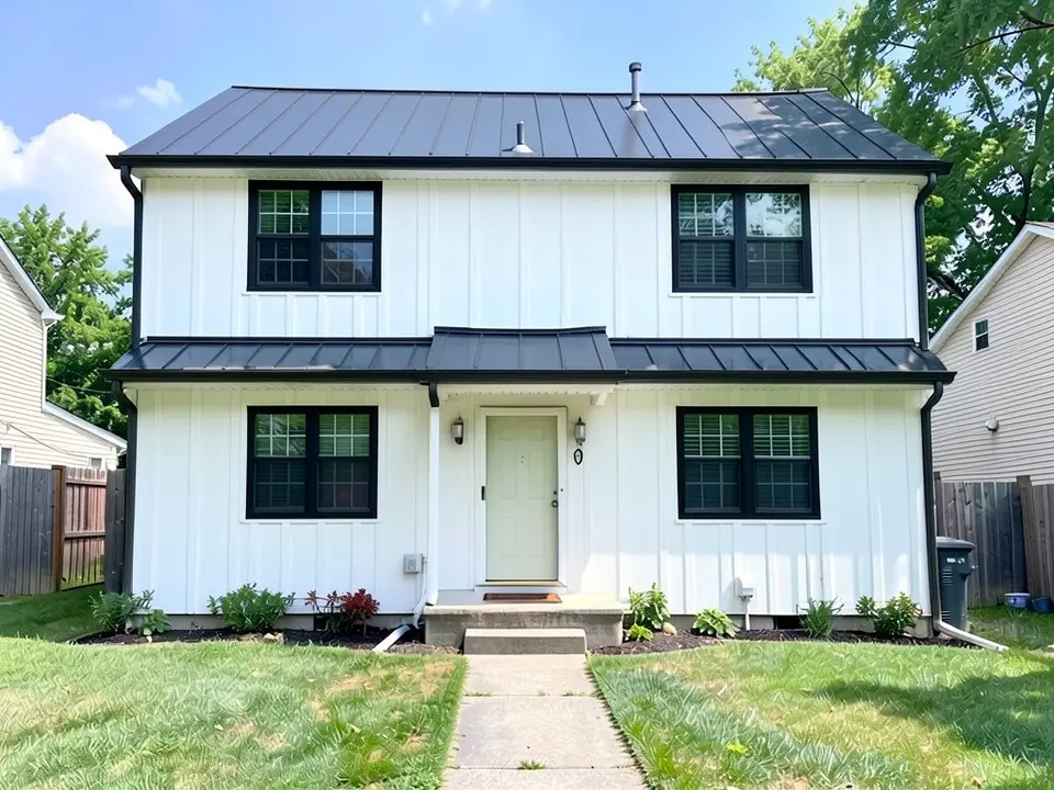 The same house with white vertical board-and-batten siding on both floors, a dark standing-seam metal roof on the main roof and on the lower roof across the front, black window frames and black gutters, with the same windows, pale green door, stoop, shrubs, lawn and path