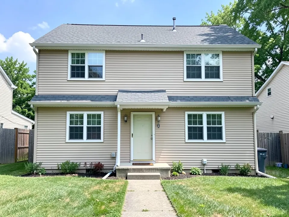 Front of a two-storey house with beige horizontal siding, white-framed windows, a grey shingle roof, a pale green front door on a small concrete stoop, white downspouts, shrubs along the wall, a lawn, a concrete path and a wooden fence