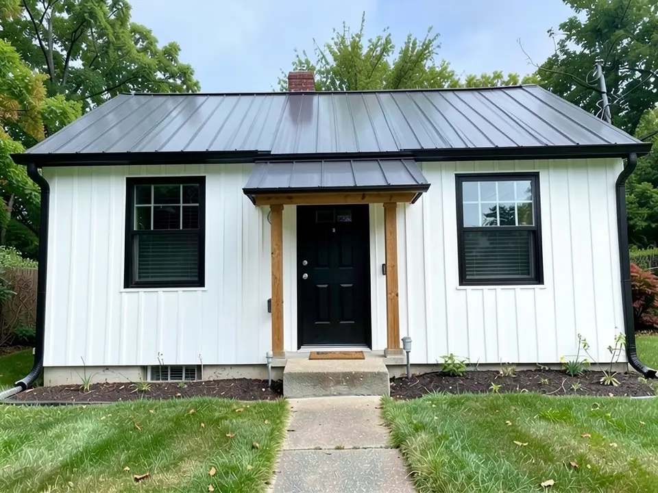 The same house with white vertical board-and-batten siding, black window frames, a black front door under a small covered porch with a sloping dark metal roof and two square wooden posts, a dark standing-seam metal main roof, black gutters, with the same chimney, step, mulched beds, lawn and path