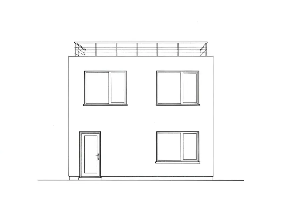 A black line drawing on white paper of a straight-on two-storey box house with a flat roof, a railing set along the top, two windows on the upper floor, one window on the ground floor on the right, a door on the lower left and a ground line