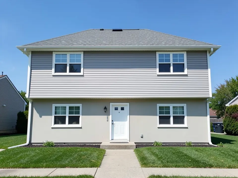 Front of a two-storey house with grey horizontal siding, a low grey hipped roof and a plain flat front wall with a white front door in the centre