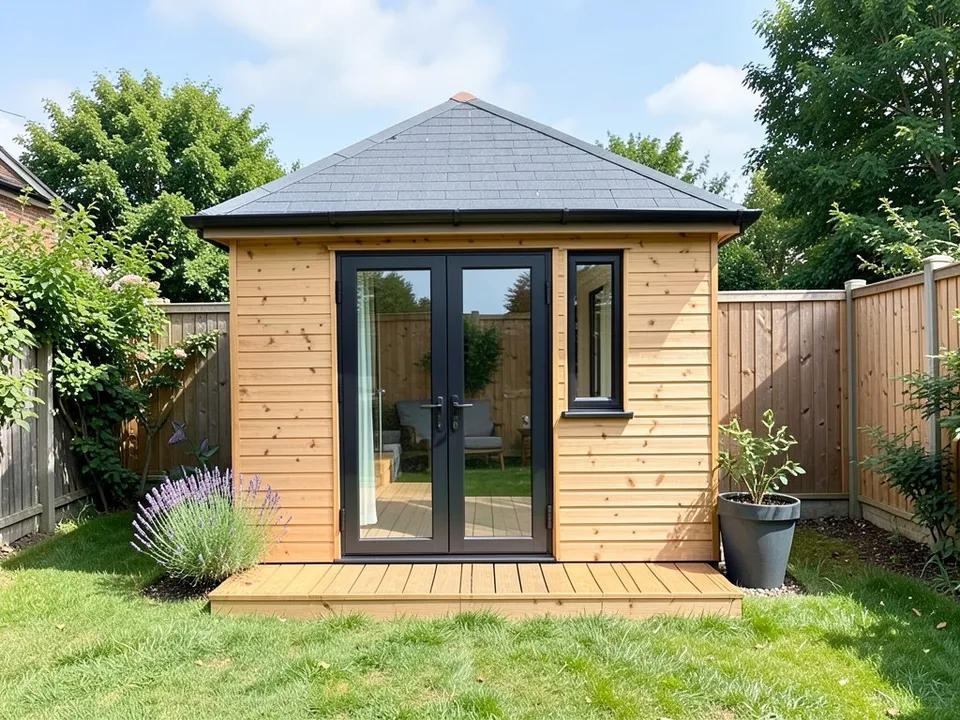 A photo-like render of the same garden room in natural cedar with a dark grey hipped roof, black-framed glazing, a cedar deck, lavender, a lawn and a fence