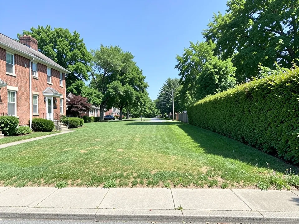 An empty grassy lot with older brick houses on the left, a tall hedge on the right, street trees and a sidewalk