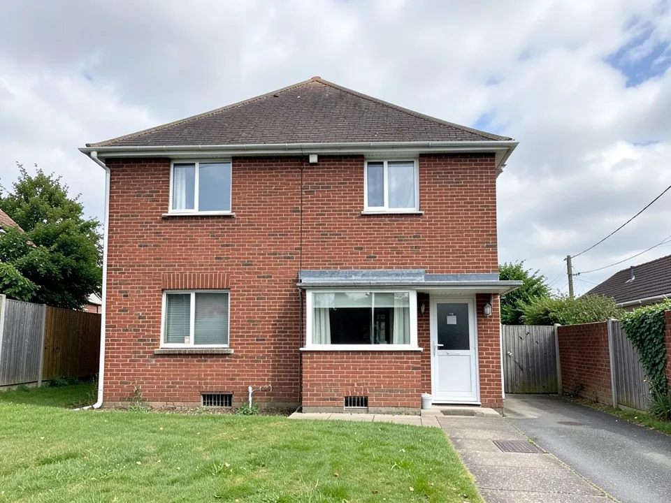 A red brick two-storey house with a hipped grey roof and an uneven front: two windows upstairs, and a window, a flat-roofed bay and a white side door downstairs, with a lawn, a path, a driveway and fences