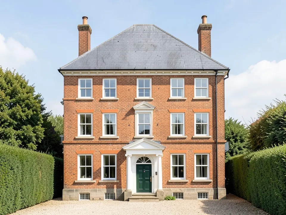 A photo-like render of the same house in warm red brick with a grey slate hipped roof, white small-pane sash windows, a white cornice, a dark green door with a white pediment and fanlight, stone steps, a gravel drive and clipped hedges