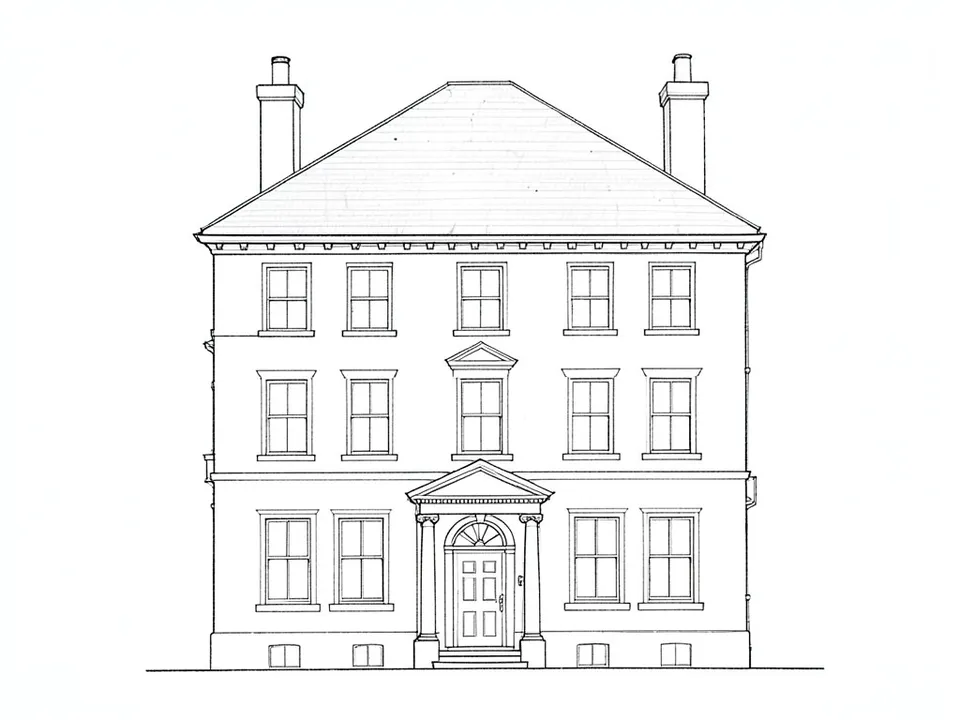 A pencil line sketch of a symmetrical three-storey Georgian house with even rows of windows, a centred door with a pediment and fanlight, a hipped roof, a cornice and two chimneys
