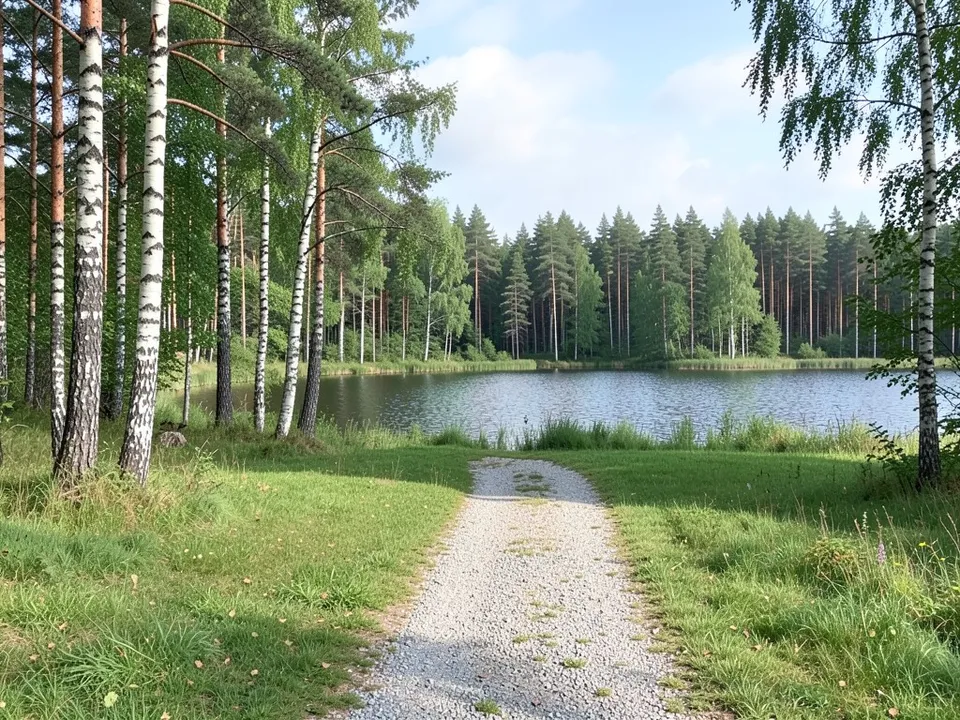 A grassy clearing in a birch and pine forest beside a calm lake, with a gravel path
