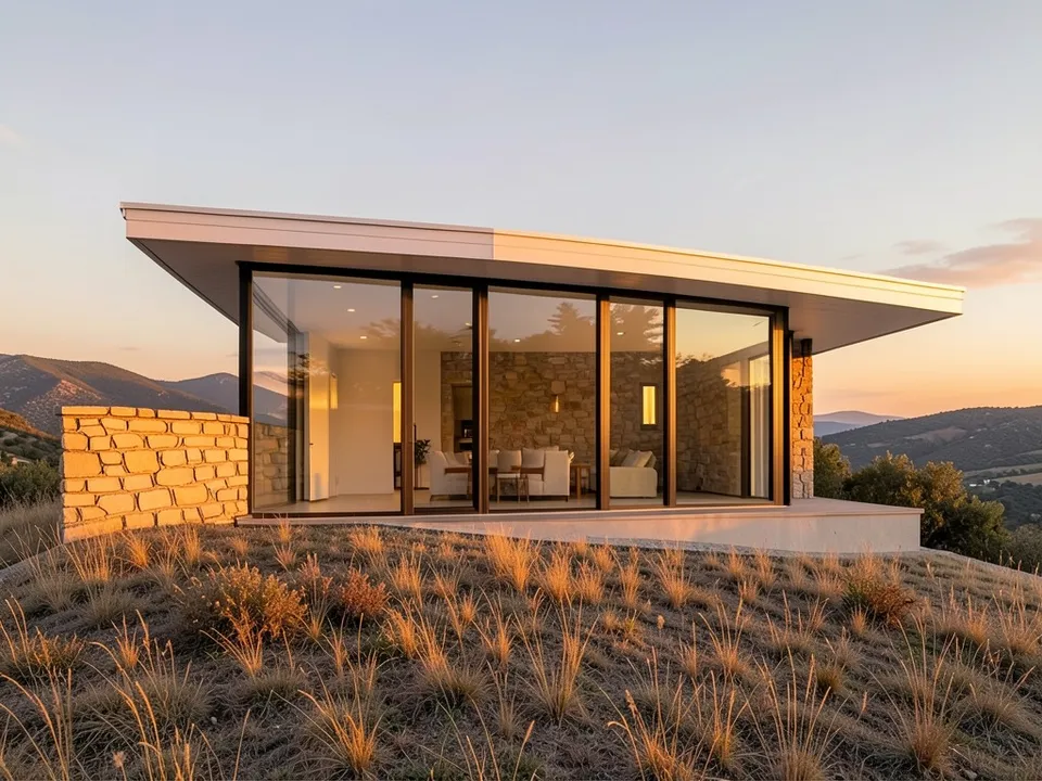 A golden-hour render of the same house with full-height glass in thin dark frames, a white roof slab, a warm limestone end wall, warm lights inside, a pale terrace, dry grass and a valley view