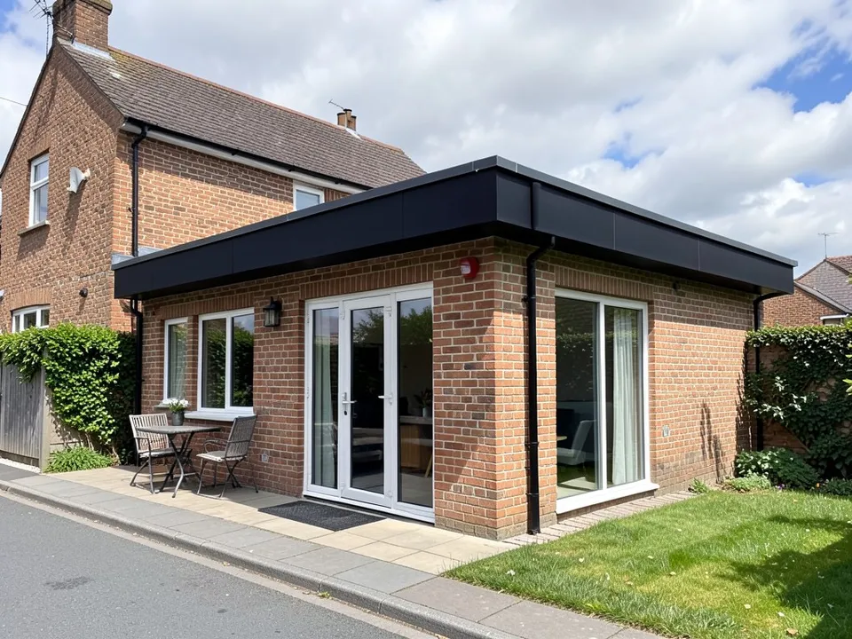 The back of a brick house with a single-storey flat roof rear extension with a black felt roof edge, white glass doors, a patio with a table and chairs and a lawn