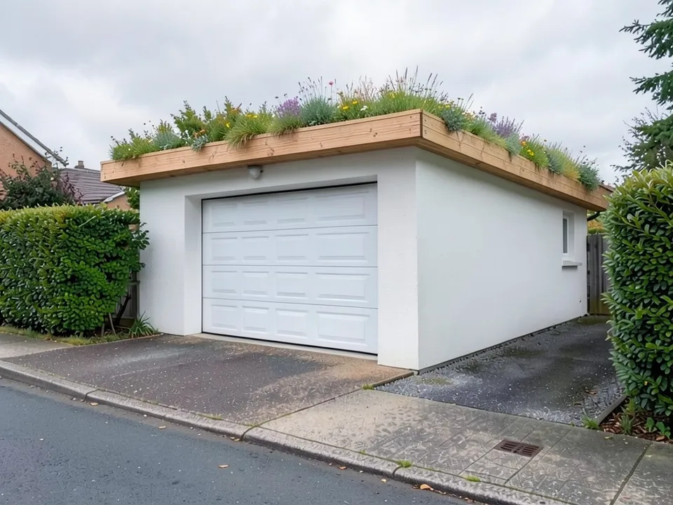 The same garage with a wildflower meadow of grasses, sedum and purple flowers on its roof behind a timber edge board