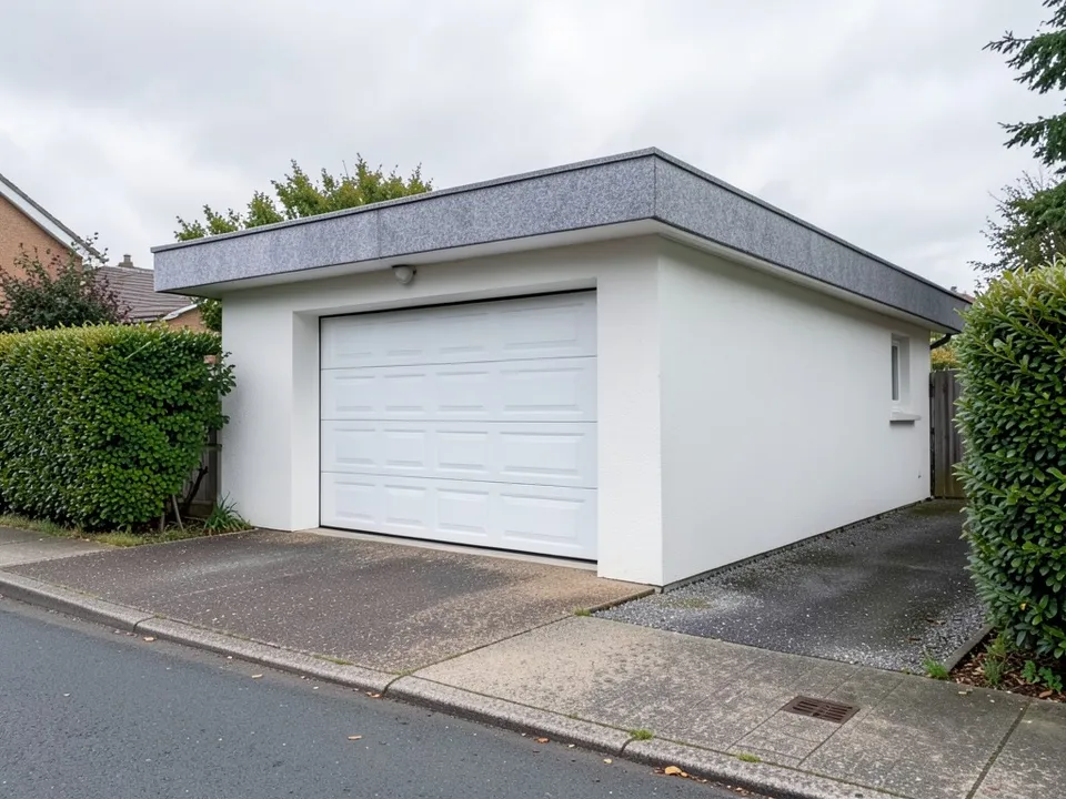 A detached single garage with a flat roof in grey felt, white rendered walls, a white garage door, a driveway and a hedge
