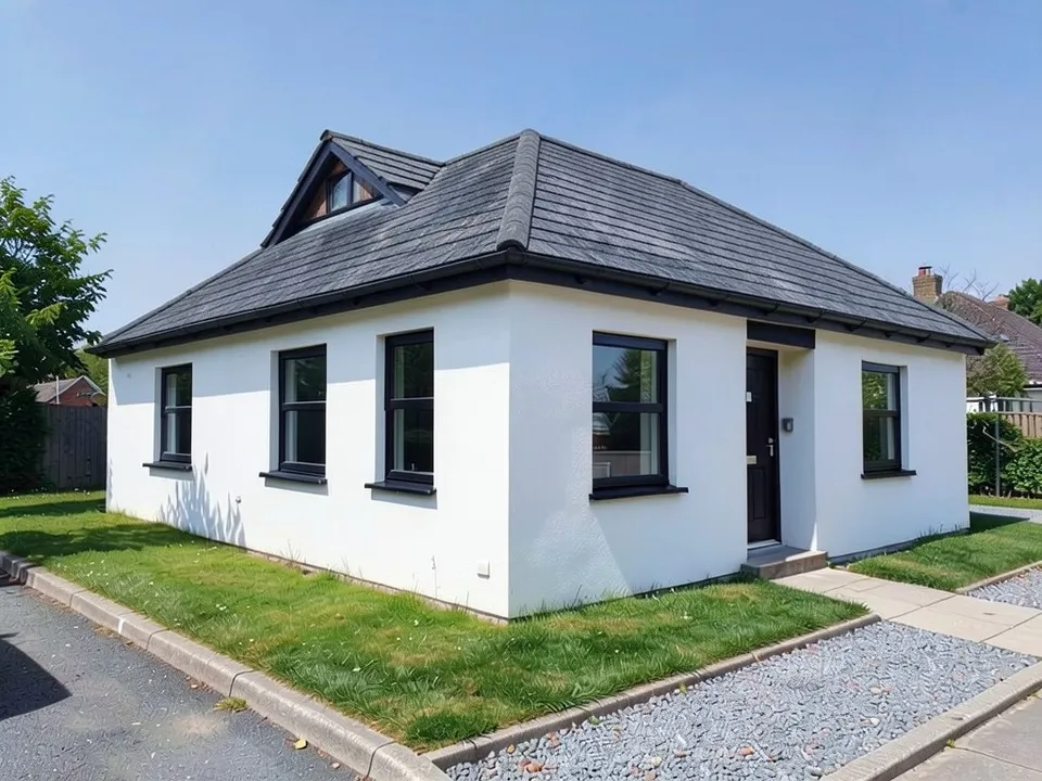 The same bungalow with a new dark grey tiled hip roof that slopes down over every wall with overhanging eaves, the same white walls, black windows, door, lawn and path