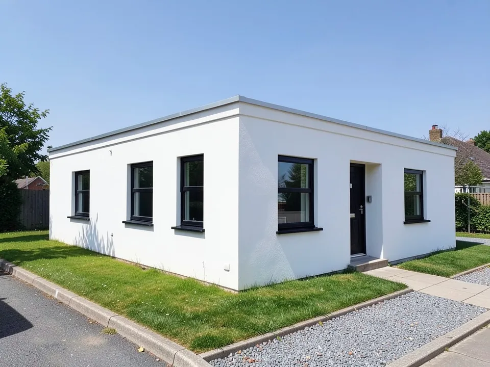 A plain single-storey white rendered bungalow with a flat roof and a thin parapet, black framed windows, a front door, a lawn and a gravel path