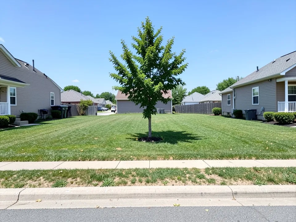An empty flat grassy lot between two grey houses, with a young tree, a sidewalk and a street in front