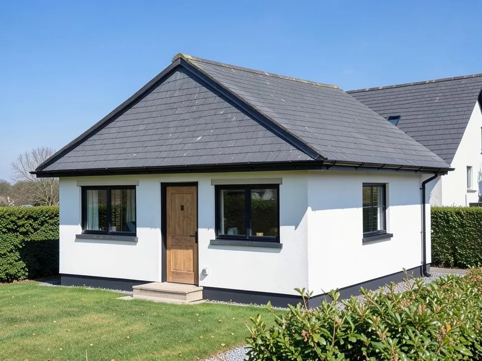 A photo-like render of the same bungalow with white rendered walls, a dark grey tiled roof that slopes down at the front as well as the sides, black window frames, a timber front door, a lawn and a hedge
