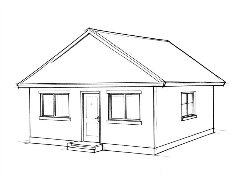 A black pencil line sketch of a small single-storey bungalow with a pitched roof, two front windows, a side window and a front door with a step