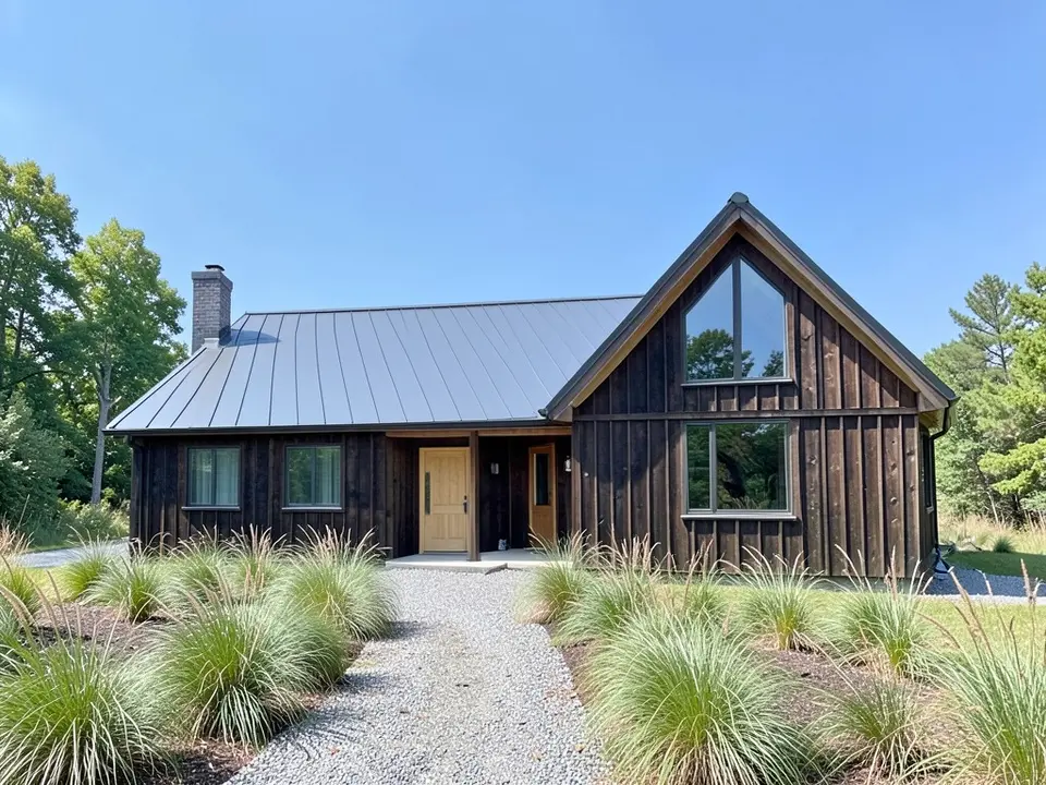 A photo-like render of the same L-shaped house in dark stained vertical wood with a grey standing-seam metal roof, a tall glass window in the gable, a light wood front door, a brick chimney, a gravel path and tall grasses