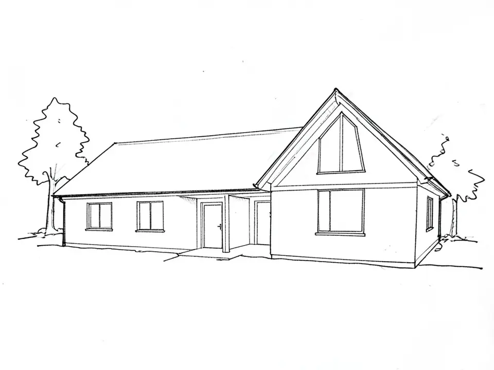 A black pencil line sketch on white paper of a single-storey L-shaped house: a long low pitched wing on the left and a taller front gable on the right with a big triangular window, a recessed front door where the wings meet, and two scribbled trees