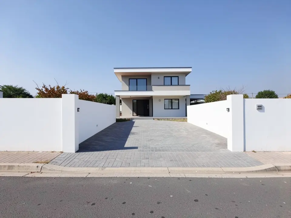 Street view of a modern house behind a low white rendered wall with a wide empty driveway opening between two plain white posts and a paved driveway