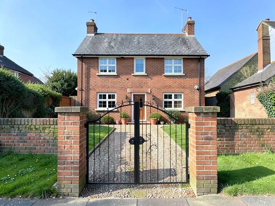 The same view with a black wrought-iron gate with an arched top and scrollwork closing the gap between the brick posts
