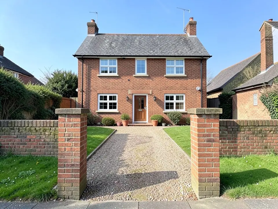 Front of a red brick house with a slate roof seen between two bare brick posts at the edge of a garden, with a gravel path and a low brick wall on both sides