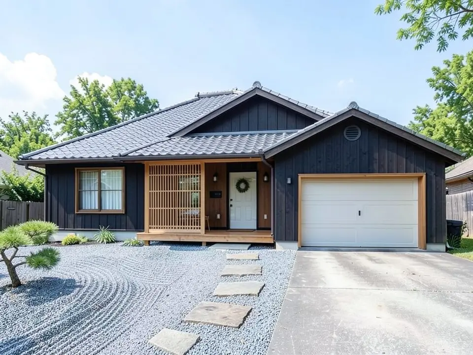 The same house with dark vertical timber walls instead of brick, a dark tiled roof with wide eaves, a timber lattice screen and a small raised timber platform at the entrance, a garage door with a timber frame, and a raked gravel garden with stepping stones and a small pine on the left