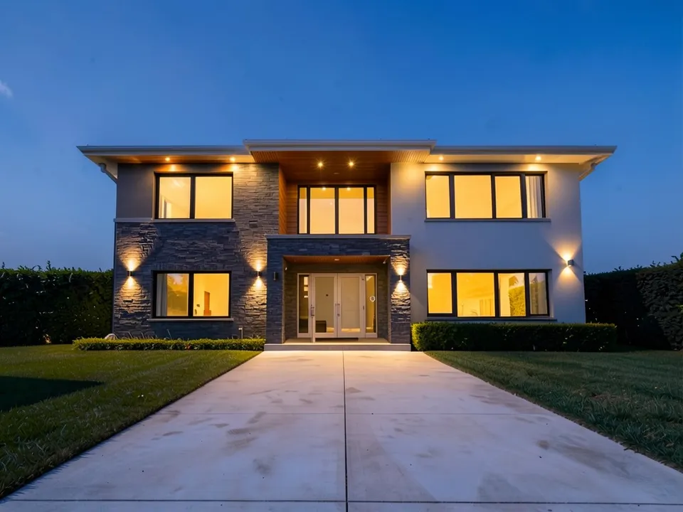 The same house at dusk with dark grey stone cladding on the left side and the entrance bay, a wood soffit over the centre, black window frames, glowing interior lights, recessed lights under the roof edge and wall uplights