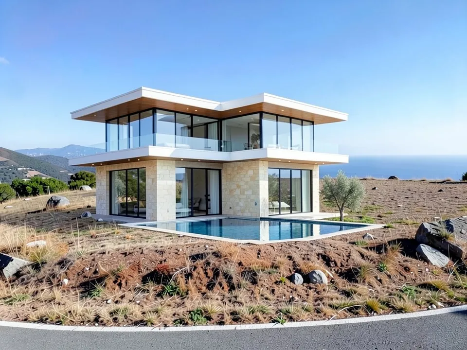 The same hillside with a modern luxury house of two stacked flat volumes: a white upper floor with a wide overhang and wood soffit, floor-to-ceiling black-framed glass, cream limestone below, a glass balcony railing, a pool on a stone terrace and an olive tree