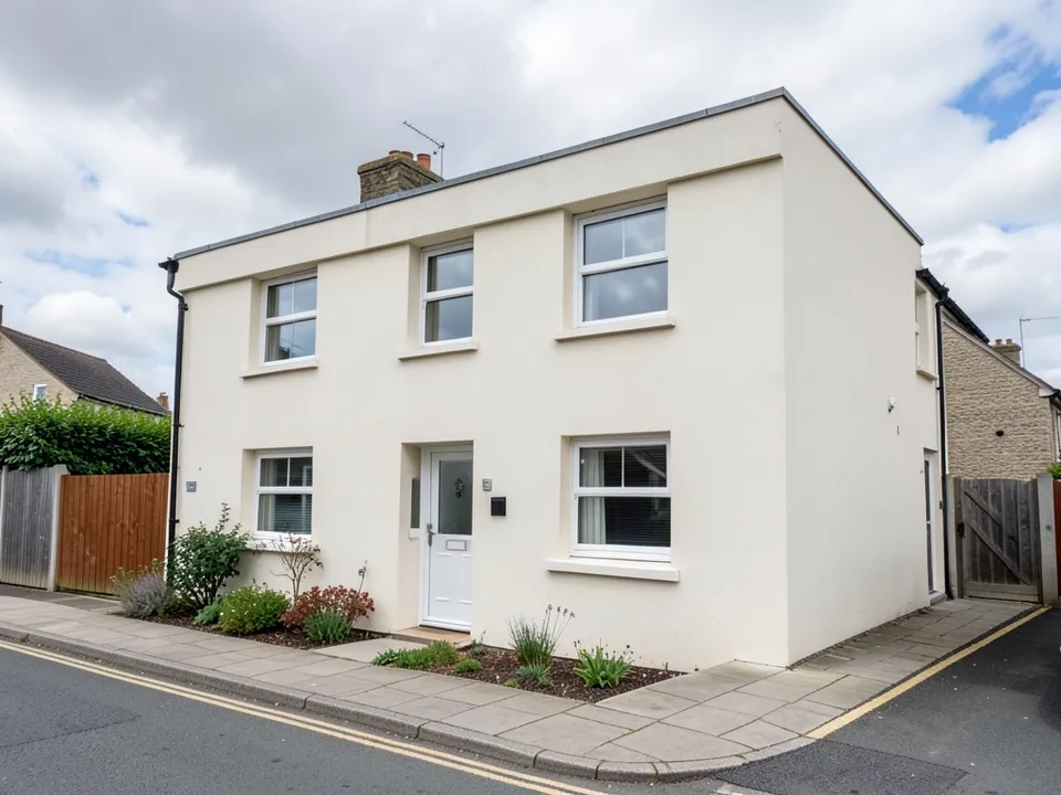 A plain two-storey cream rendered house with a flat roof and a low parapet, white windows in two rows, a front door, a small front garden and a pavement