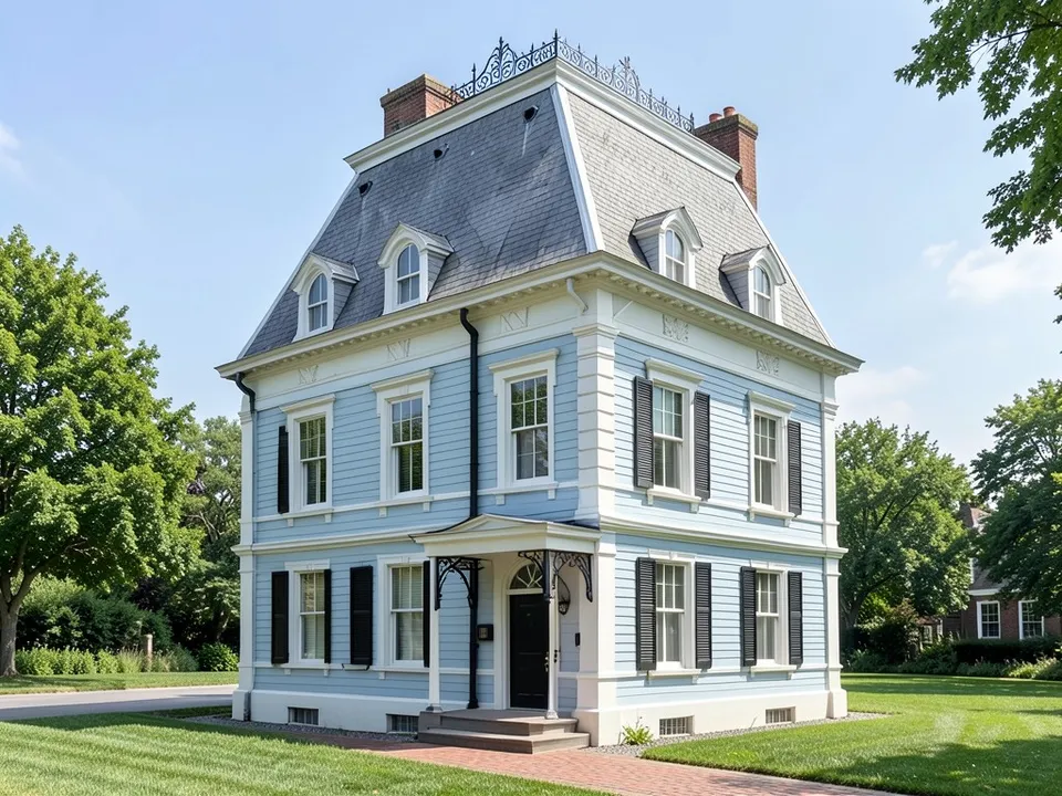 A photo-like render of the same house with a grey slate mansard, white dormers and trim, pale blue siding, black shutters, a black front door, iron cresting on the roof top, red brick chimneys, a lawn and a brick path