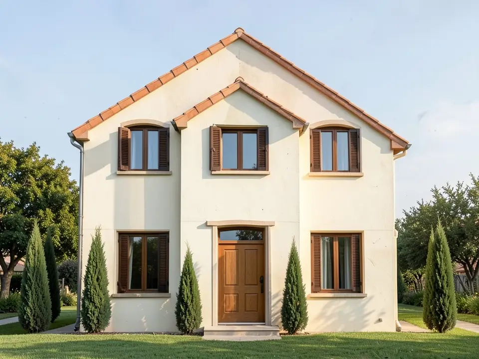 A photo-like render of the same house with cream stucco walls, a roof edged in terracotta tiles, arched tops on two upper windows, dark brown wooden shutters on every window, a natural wood front door and cypress trees on the lawn in warm evening light
