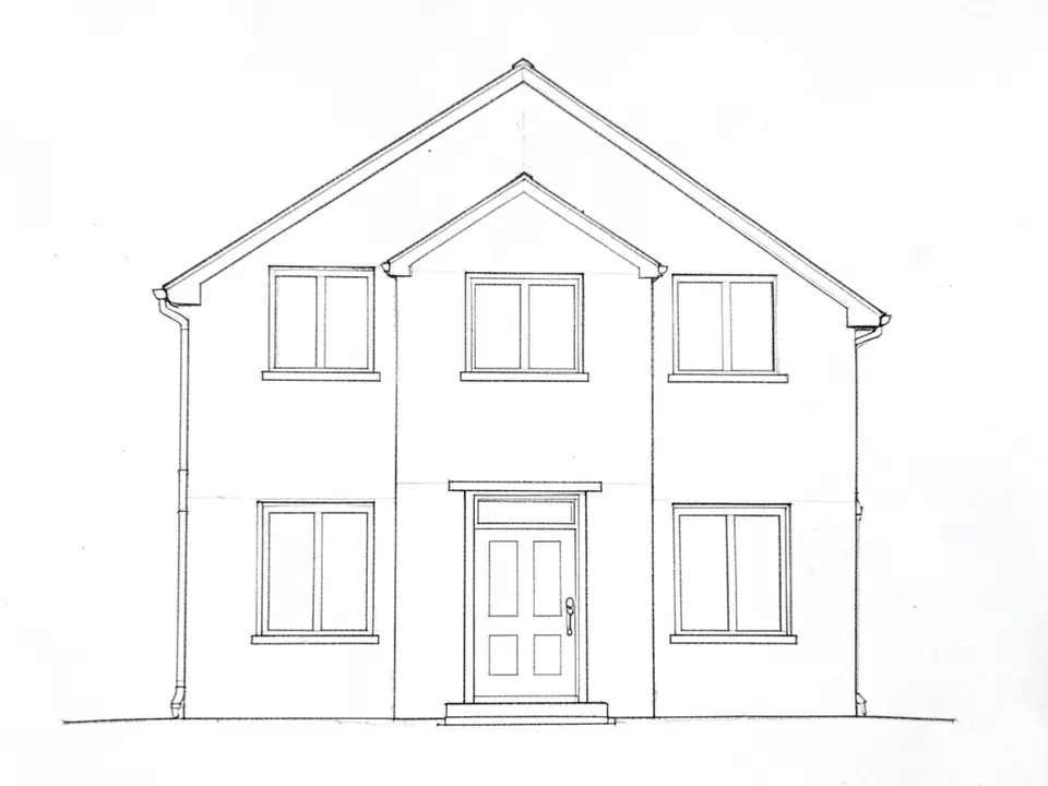 A black pencil line sketch on white paper of the front of a two-storey house with a gable roof, a smaller gable in the middle, three windows on the upper floor, two windows and a door with a glass panel on the ground floor