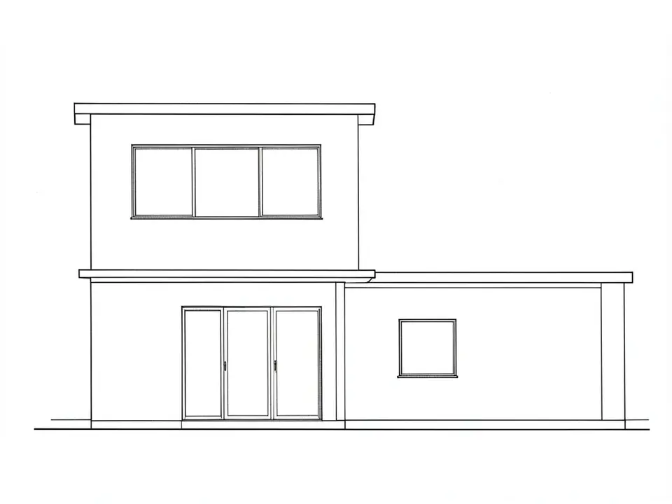 A black line sketch on white paper of a modern house: a two-storey flat-roofed box on the left with a wide three-part window upstairs and a wall of glass doors below, and a lower single-storey flat-roofed box on the right with one small square window and a roof that overhangs