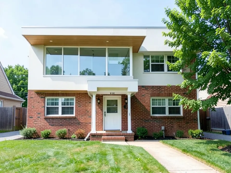 The same house with the pitched roof replaced by a flat roof with a thin white edge, the upper floor rebuilt as a white volume with a wide glazed band overhanging the entrance with a timber underside, and the brick ground floor, the porch posts, the path and the tree unchanged