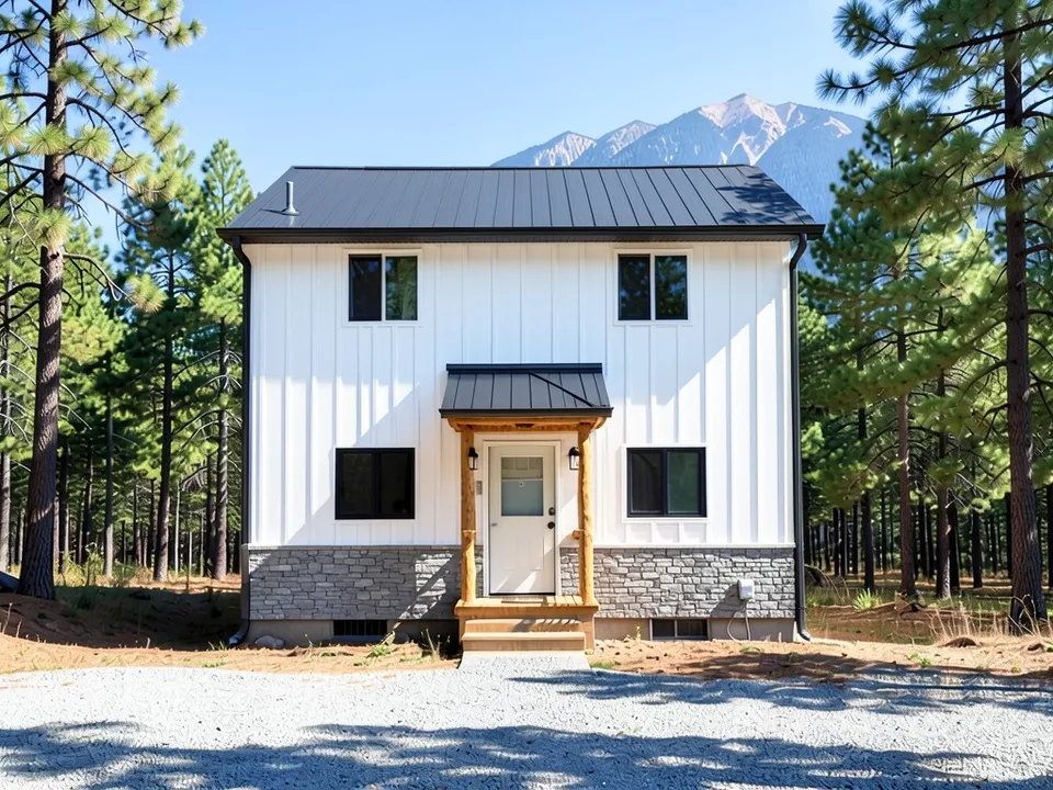 The same house with white vertical board-and-batten siding, a black metal roof, a grey stone base, black-framed windows and an entry canopy on natural timber posts