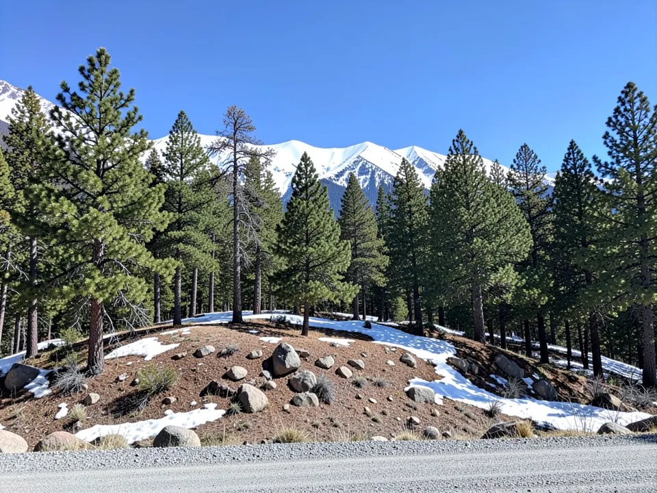 A sloping plot among pine trees with rocks, patches of snow, snowy peaks behind and a gravel road