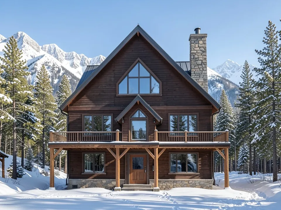 A photo-like render of the same house in dark brown timber with a dark grey metal roof, a fieldstone chimney and base, glass in the gable, thick braced timber posts under the deck and snowy pines and peaks behind