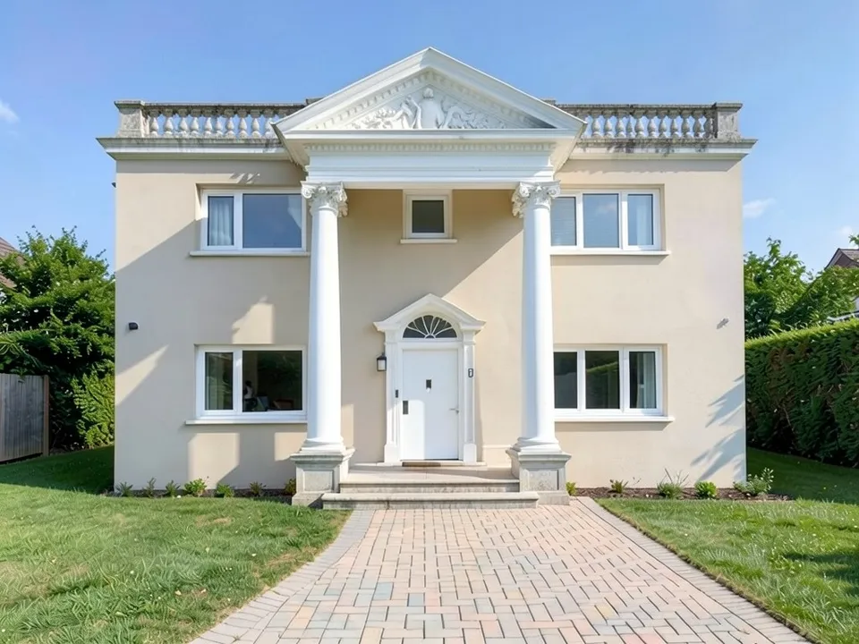 The same house with light beige walls, a full-height portico of two tall white columns under a triangular pediment with carved relief, a stone balustrade along the roof, a cornice, a door with a fanlight and stone steps