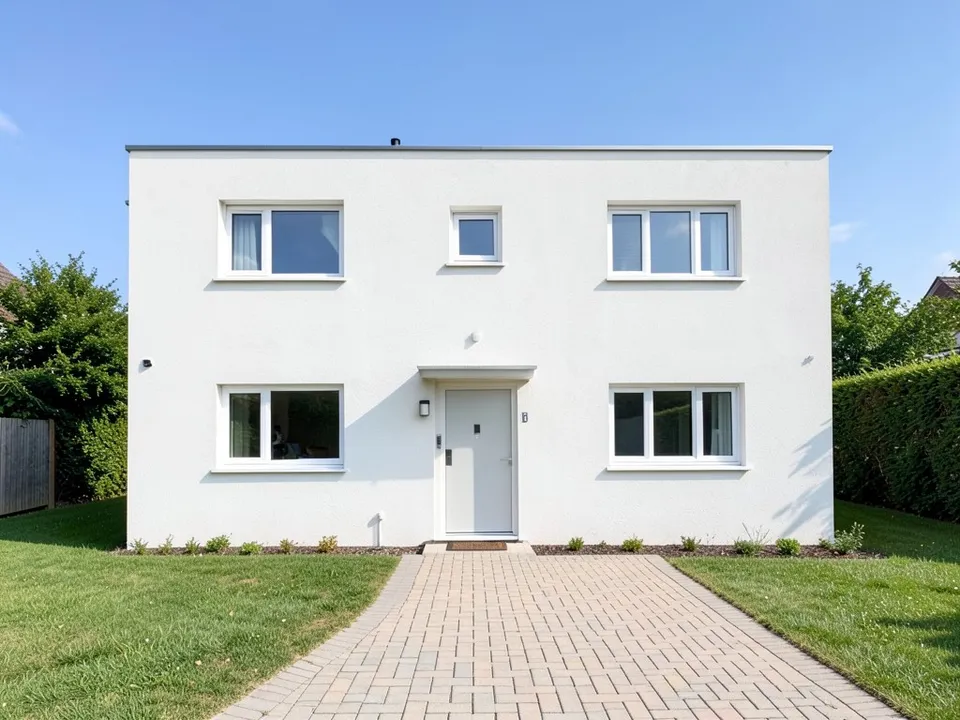 A plain white stucco two-storey house with a flat roof, five windows, a plain door, a block-paved driveway, a lawn and hedges