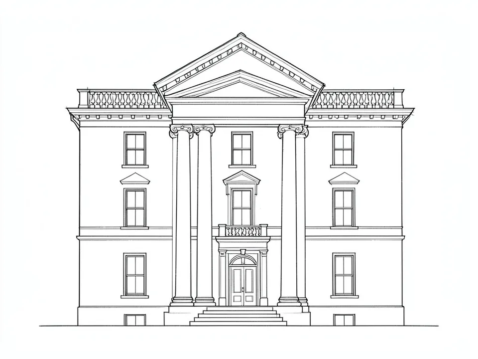 A pencil line sketch of a symmetrical three-storey neoclassical house with four columns in two pairs, a pediment, a roof balustrade and pedimented windows
