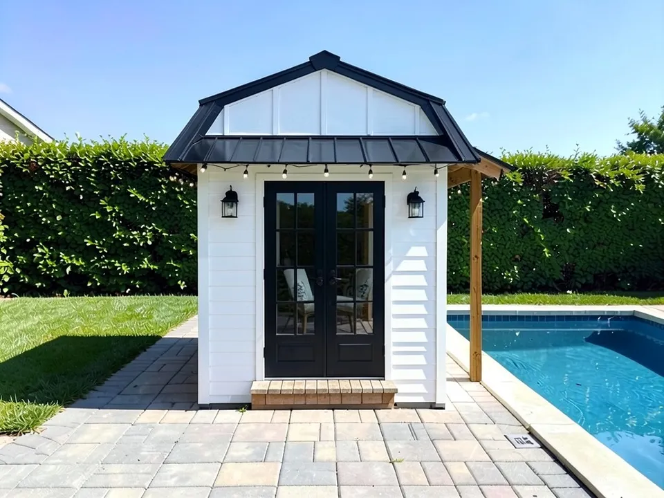 The same shed as a farmhouse pool house with white board-and-batten siding, a black metal roof, black-framed glass double doors with chairs inside, a black lantern on each side, string lights and a wood step