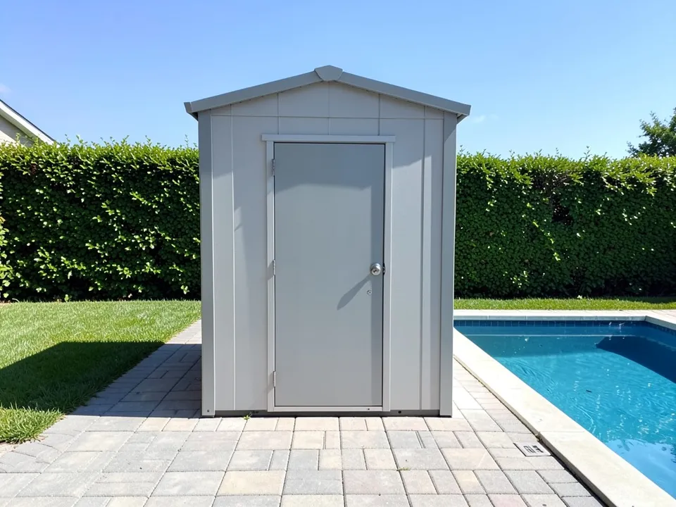 A plain grey prefab shed with a gable roof and one door and no windows, beside a pool with a block-paved deck, a lawn and a tall hedge