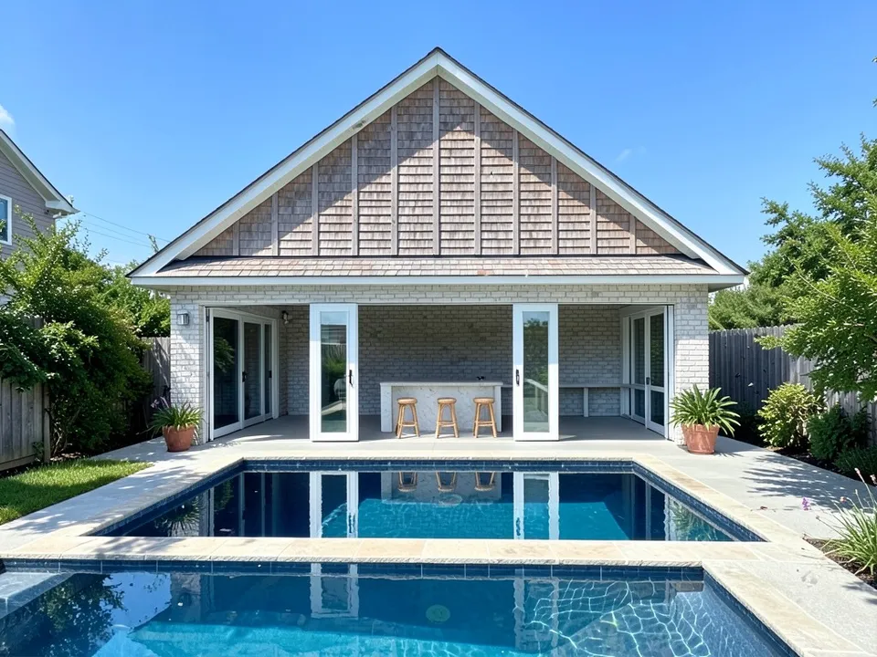 A photo-like render of the same pool house with light grey brick, cedar shingles on the gable, white folding glass doors, a white stone bar with three wood stools, a blue pool with a stone edge and potted plants