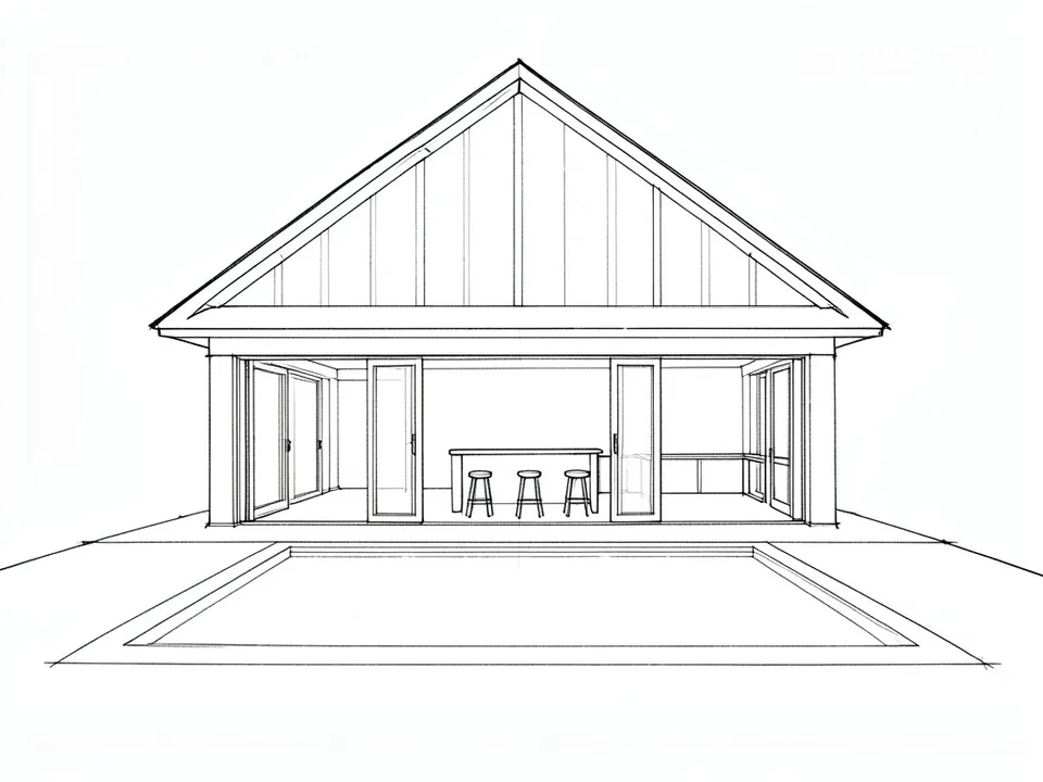 A pencil line sketch of a gabled pool house with an open front of folding doors, a bar counter with three stools and a pool in front