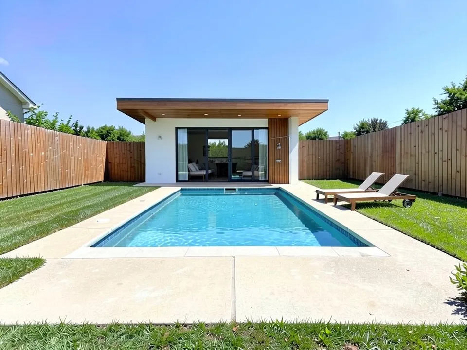 The same yard with a single-storey flat-roofed pool house at the far end: a deep overhang with a wood soffit and downlights, white render, a wood slat panel, central sliding glass doors and two loungers